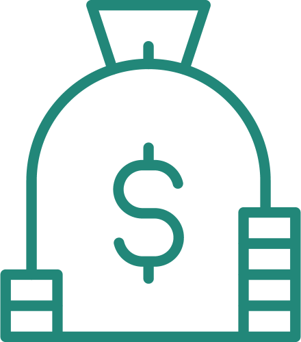 Green icon of bag with dollar sign and coins stacked in front of it